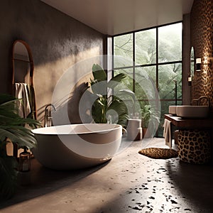 Stylish interior of modern bathroom in African style in luxury house