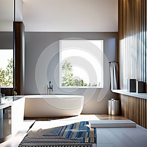 Stylish interior of modern bathroom with big window and plants