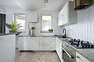 Stylish interior of open space white kitchen