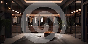 Stylish interior of wardrobe in dark brown colors in modern luxury house