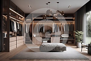 Stylish interior of wardrobe in modern luxury house