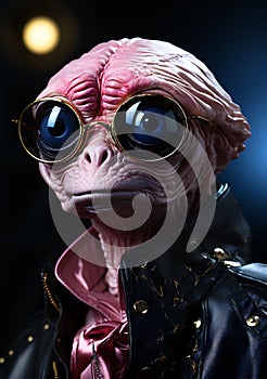 Stylish Interstellar Space Alien Wearing Sunglasses & Leather Jacket - Embodying Quirkiness and High Fashion in Alien Design.