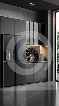 Stylish kitchen with black cabinetry, appliances, and a sleek refrigerator