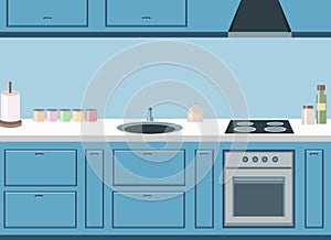 Stylish kitchen design with household appliances. Vector drawing