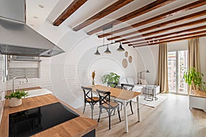 Stylish kitchen and dining area in modern studio apartment