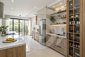 Stylish kitchen with fridge, counters, and shelving unit