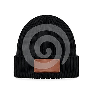 Stylish knit beanie with a brown rectangular patch on the front