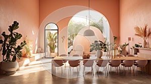 Stylish Kolsch Dining Room With Pink Tones And Lush Greenery photo