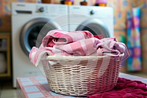 Stylish laundry space with a modern washer, dryer, and a wicker laundry basket