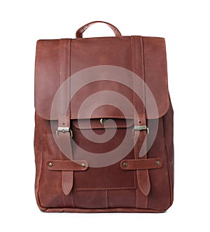 Stylish leather backpack isolated on white. Tourist outfit