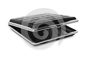 Stylish leather cigarette case isolated on white