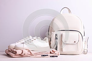 Stylish leather female backpack, sneakers and sweatpants