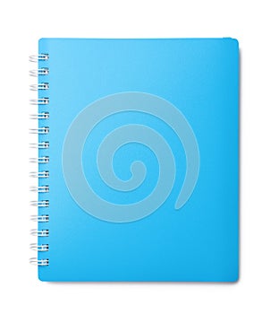 Stylish light blue notebook isolated on white, top view