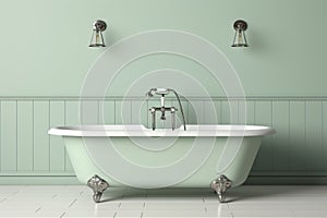 Stylish light green bathroom interior featuring a luxurious bathtub and trendy tiled wall design