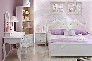 Stylish lilac bedroom with double bed