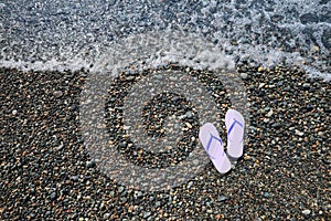 Stylish lilac flip lops on pebble beach near sea, above view. Space for text