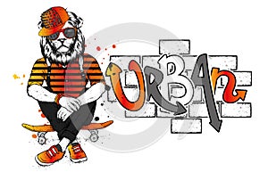 Stylish lion-skater in jeans and sneakers. Skateboard. Vector illustration for a postcard or a poster, print for clothes.