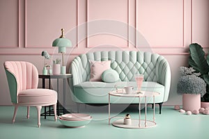 Stylish living pink and mint tone room interior of the modern apartment and trendy furniture. Sofa and elegant