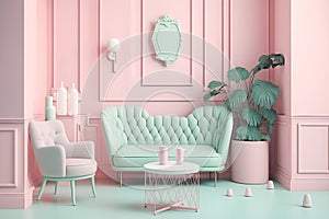 Stylish living pink and mint tone room interior of the modern apartment and trendy furniture. Sofa and elegant