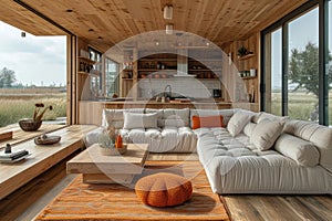 Stylish living room with abundant furniture and large windows