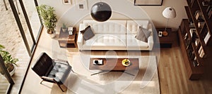 Stylish living room with beige carpet and sofa, top view, interior design for modern home comfort