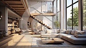 Stylish living room with big sofa, many windows and stairs in amazing apartment. generative ai