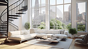 Stylish living room with big sofa, many windows and stairs in amazing apartment. generative ai