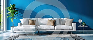 Stylish Living Room With Blue Walls and White Couch