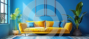 Stylish Living Room With Blue Walls and a Yellow Couch