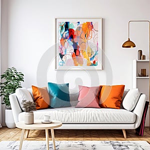 Stylish Living Room Furniture White Sofa, Colorful Cushions, and White Wall Design, Modern Couch in a Contemporary Living Room