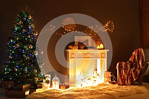 Stylish living room interior with Christmas tree