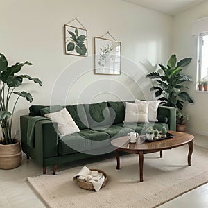 Stylish living room interior with comfortable green sofa and floral pictures