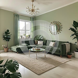 Stylish living room interior with comfortable green sofa and floral pictures