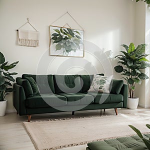 Stylish living room interior with comfortable green sofa and floral pictures