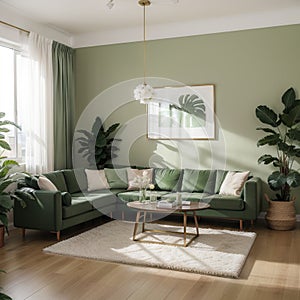 Stylish living room interior with comfortable green sofa and floral pictures