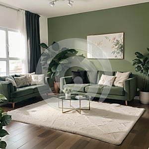 Stylish living room interior with comfortable green sofa and floral pictures