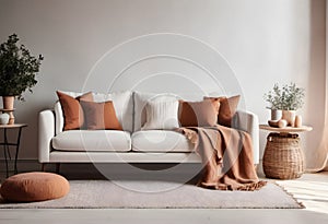 Stylish living room interior with comfortable sofa, pillows and plants.