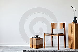 Stylish living room interior composition with creative design vintage chair, wooden cubes and elegant personal accessories.