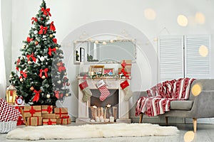 Stylish living room interior with decorated Christmas