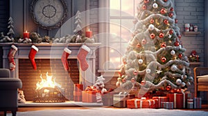 Stylish living room interior with decorated Christmas tree and fireplace and gift boxes