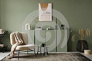 Stylish living room interior design with mock up poster frame, frotte armchair, wooden commode, side table, plants.