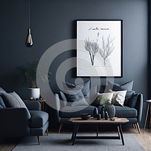 Stylish Living Room Interior, grey Color, Mock up Poster Frame Art On Wall, Cozy Sofa, Green Plants, Decoration, Side table,