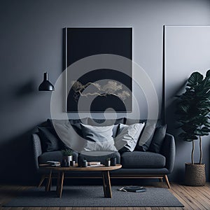 Stylish Living Room Interior, grey Color, Mock up Poster Frame Art On Wall, Cozy Sofa, Green Plants, Decoration, Side table,