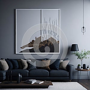 Stylish Living Room Interior, grey Color, Mock up Poster Frame Art On Wall, Cozy Sofa, Green Plants, Decoration, Side table,