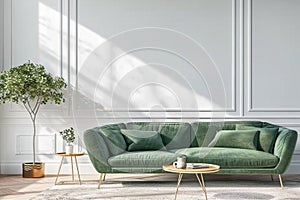 Stylish living room interior of modern apartment and trendy furniture, plants and elegant accessories. Home decor. Template, 3D