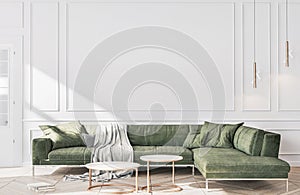 Stylish living room interior of modern white apartment and trendy green beautiful furniture, Home decor. photo