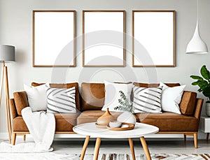 Stylish living room with mock up frame above the sofa and decoration. Generative AI