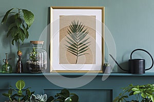 Stylish living room with mock up photo frame on the green shelf.