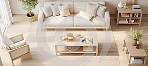 Stylish living room with soft beige carpet and sofa, interior design and decoration