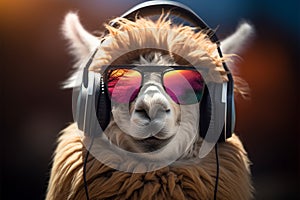 Stylish llama in glasses enjoys music, a fusion of coolness